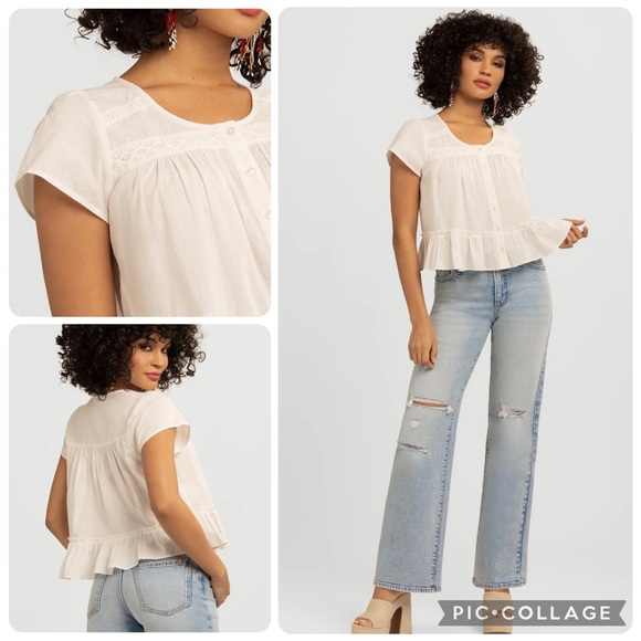 Jessica Simpson Cotton Lace Yoke Peplum Short-Sleeve Boho Button-Front Top S - Picture 2 of 6